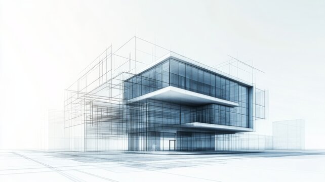 Modern architectural design visualization showcasing a complex building structure with a transparent aesthetic and intricate details during a creative process