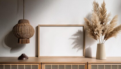 Japandi Style Room Interior with Small Horizontal Wooden Frame, Caned Lamp, and Dried Pampas Grass Warm Tones and Textures Illuminate Elegant JapaneseScandinavian Fusion.