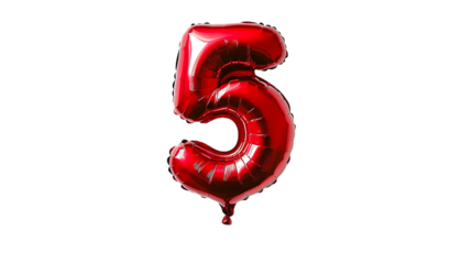 Red foil balloon number five isolated on black background. Possible use party decorations, celebration, greeting cards