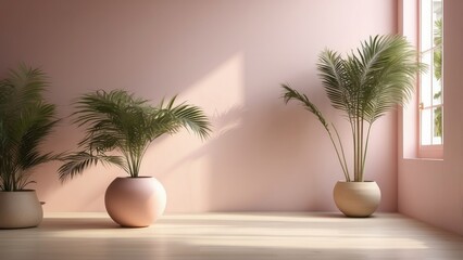 3d rendering of a plant in a vase on a table in front of, soft neon atmosphere
