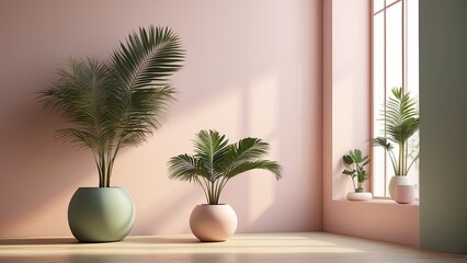 3d rendering of a plant in a vase on a table in front of, soft neon atmosphere