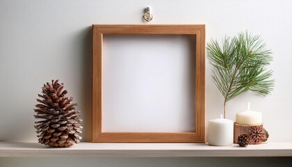 Rustic Elegance A Cozy Winter Scene Featuring a Hanging Pine Branch, Pinecone and Candles Arrangement Against a Minimalist White Backdrop, Perfect for Digital Art, Home Decor, or Design