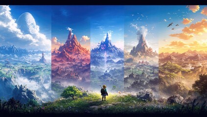 Hero views Hyrule's diverse landscapes at dawn, dusk & night