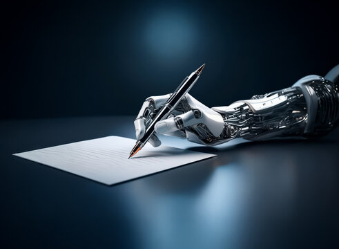 A futuristic silver robotic arm holds a pen, writing on blank white paper against a deep dark blue backdrop.