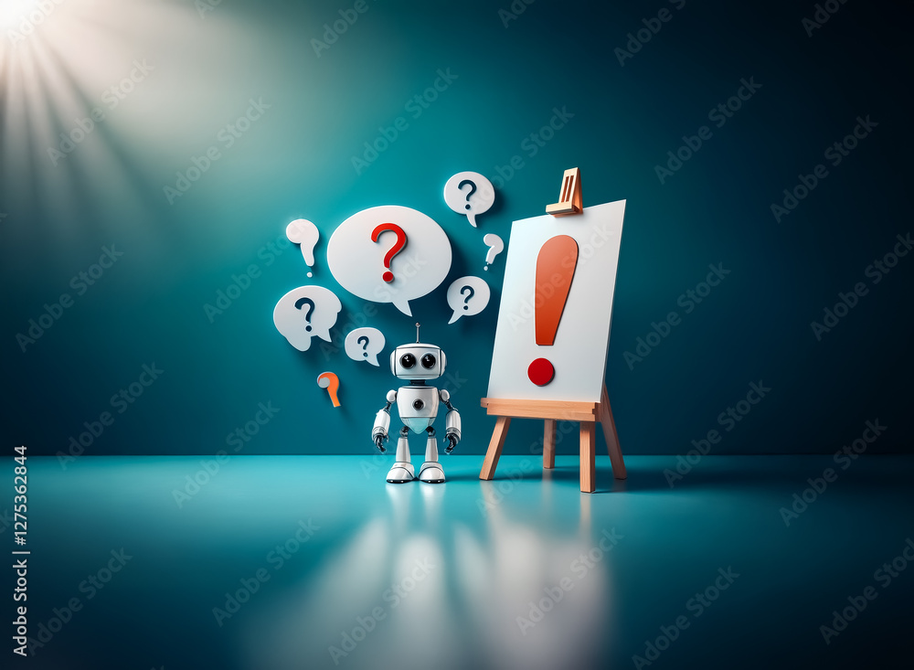 Poster toy robot ponders an easel displaying an exclamation point under a spotlight, with question marks fl