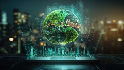Holographic Earth on Laptop, Cityscape Background, Sustainable Tech