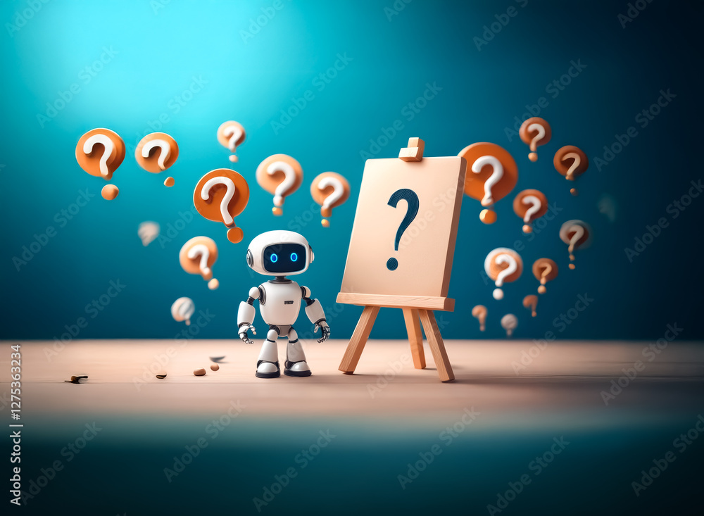 Poster a small white robot stands beside a wooden easel displaying a large question mark. many orange quest