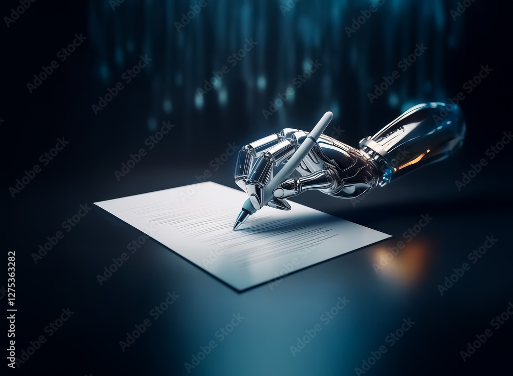 Poster futuristic robotic hand meticulously writing on a blank sheet of paper under digital blue light. tec