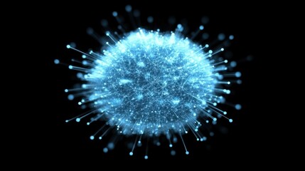 Fototapeta premium Glowing blue sphere with radiating particles on black background.