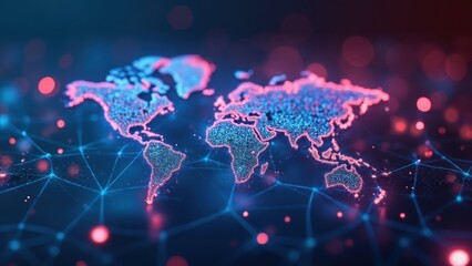 Holographic World Map on a Blue-Pink Digital Background, Perfect for Tech, Education, and Marketing Concepts