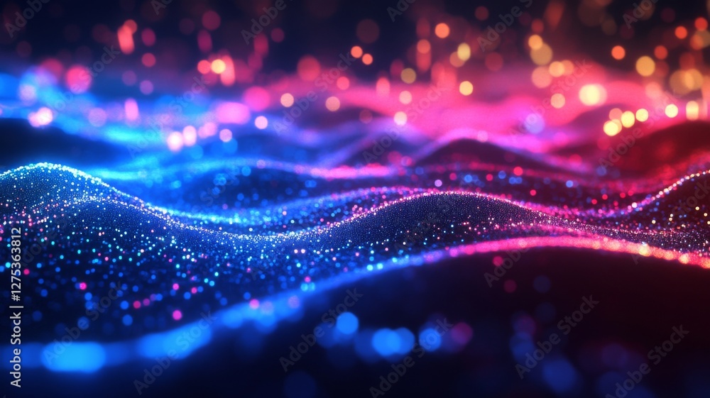 Poster colorful abstract waves of light and particles create a mesmerizing visual experience in a digital e