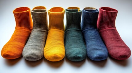 Set of colorful socks with solid color patterns displayed on white background isolated. Generative AI