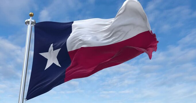 Texas US State flag with flagpole waving in wind, rolling clouds background looping, 4K video (Perfect Loop)