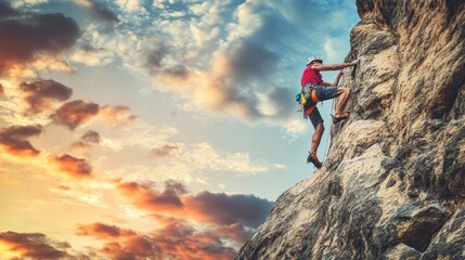 Fototapeta premium Adventurous Climber Scaling Rocky Cliff Against Dramatic Sunset