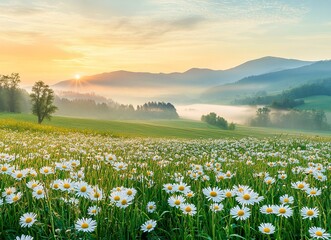 Beautiful spring meadow with daisies and mountains at sunrise. Landscape with green grass, foggy morning in the field of flowers. Panorama of a flowered landscape at dawn. Spring nature background.