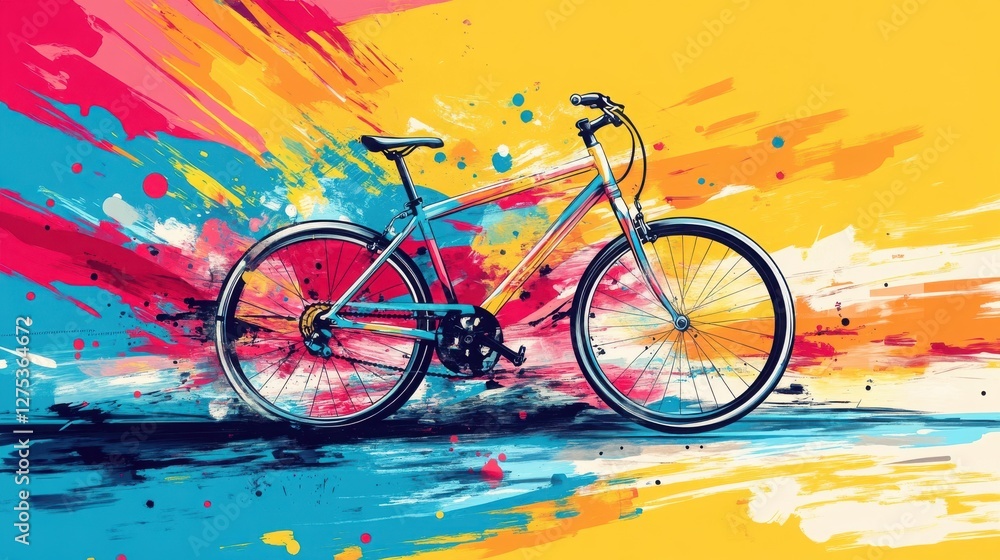 Poster vibrant pop art bicycle illustration with colorful splashes and dynamic background design for creati