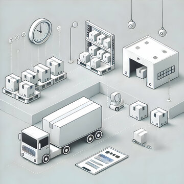 A modern minimalist illustration of a product being moved from manufacturing to distribution. The white background highlights the seamless warehouse management and production strategy.