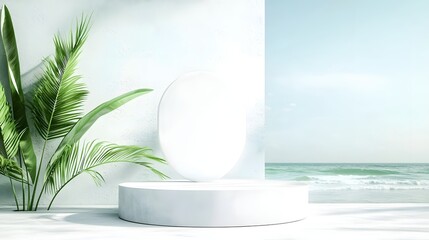 Minimalist Podium in Serene Blue Sky and Ocean Landscape