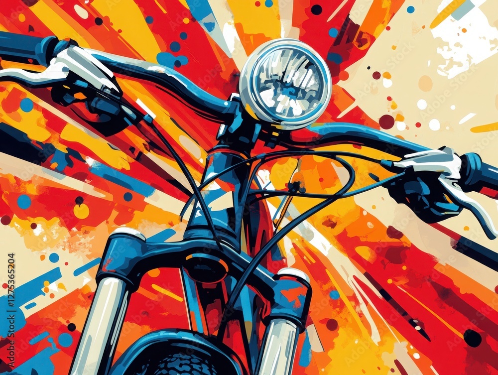 Poster vibrant pop art illustration of a bicycle set against a bold colorful background with dynamic design