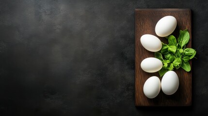 Farm Fresh, White Eggs and Green Basil Leaves on a Dark Wooden Cutting Board