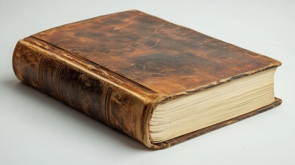 Obraz premium Vintage leather-bound book with worn edges on a white background. Generative AI