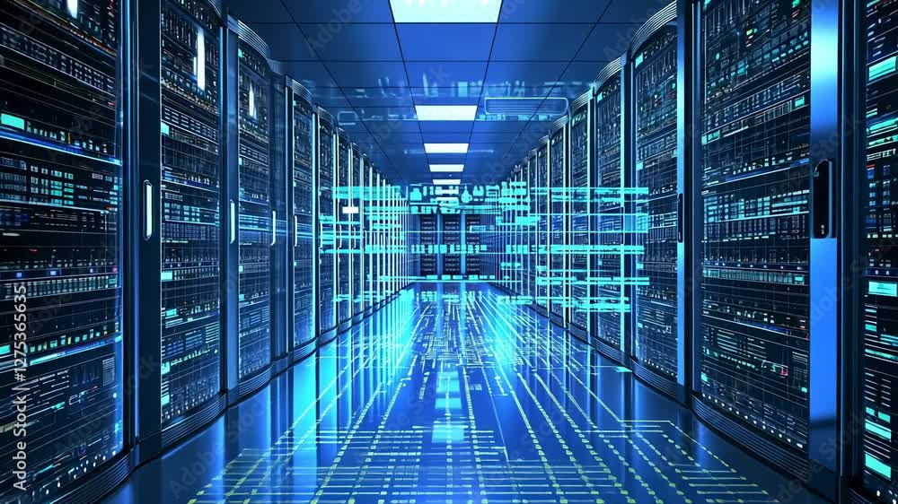 Poster digital data flow through a modern server room, futuristic and advanced technology