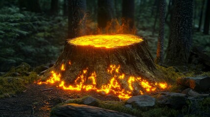 Enchanted Forest Scene with Glowing Tree Stump and Molten Lava.