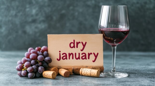 Dry January Concept, A Glass of Red Wine and Grapes Next to a Sign Promoting Alcohol Abstinence