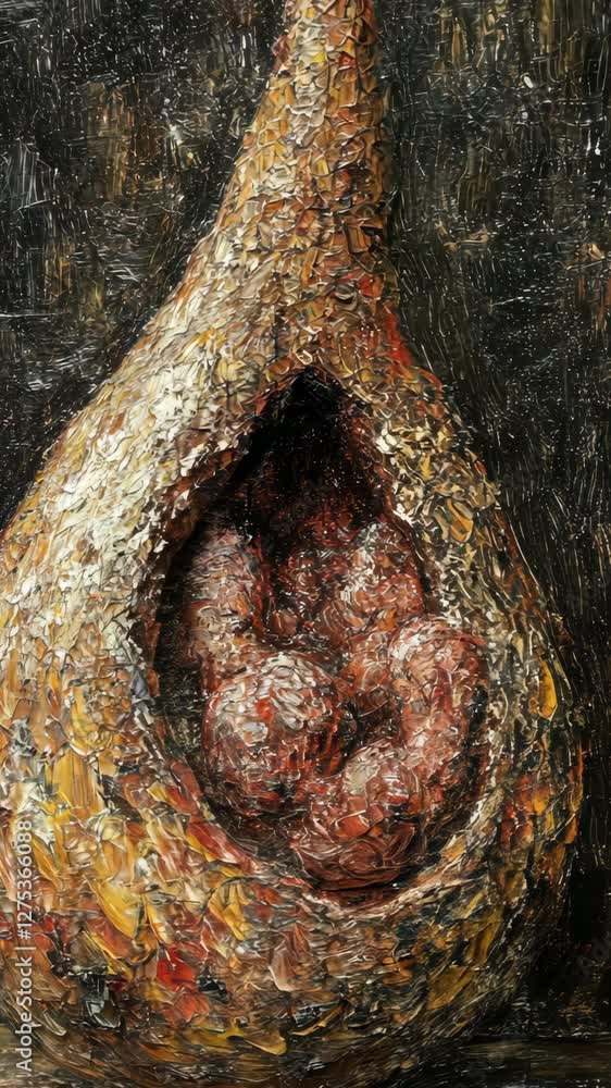 Poster artistic depiction of a textured abstract form resembling a gourd showcasing vibrant colors and dept