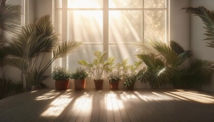 Soft Shadow Form Window and Plants, Radiant Light Overlay Effect. Natural Scenes of Serene Illumination in a Green Oasis at Twilight.