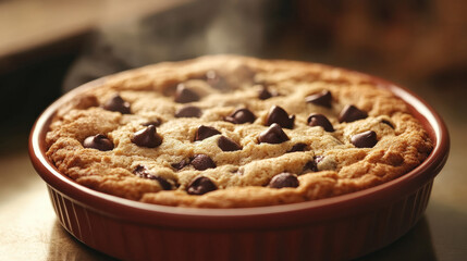 Freshly Baked Chocolate Chip Cookie Pie in a Warm Ramekin with a Crispy Golden Crust