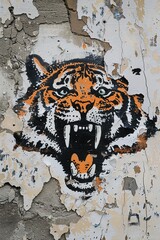 Tiger Stencil Graffiti on Cracked Wall Urban Art Texture