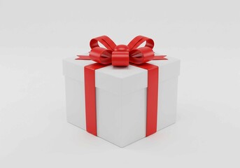 Fototapeta premium Against a clean background, a white gift box with a red ribbon and bow highlights the excitement of a present