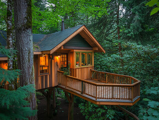 Treehouse Retreat with Canopy View and Wooden Balcony