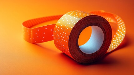 Bright orange and white dotted tape roll on orange background isolated. Generative AI