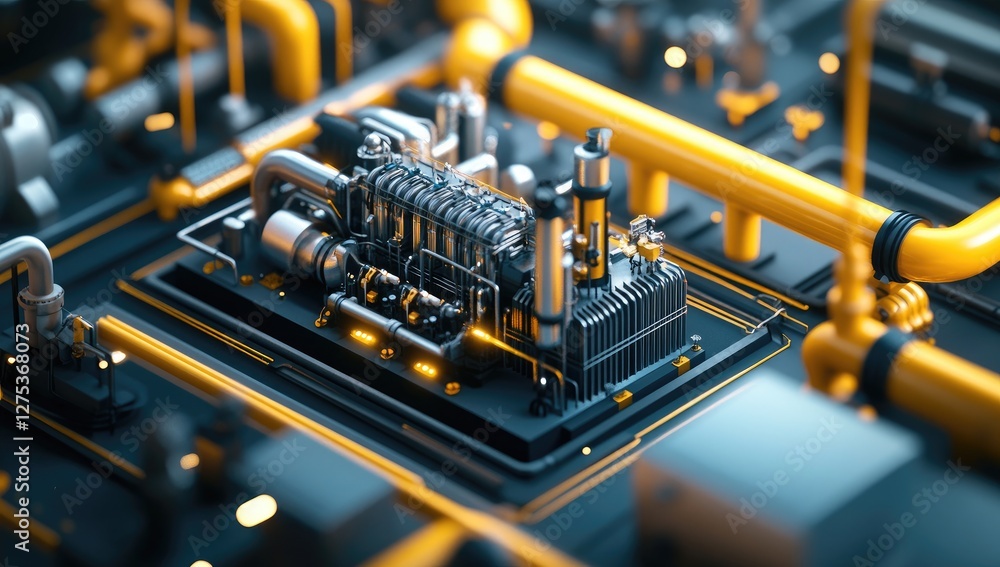 Poster industrial engine system; abstract design; machinery; background pipes and valves