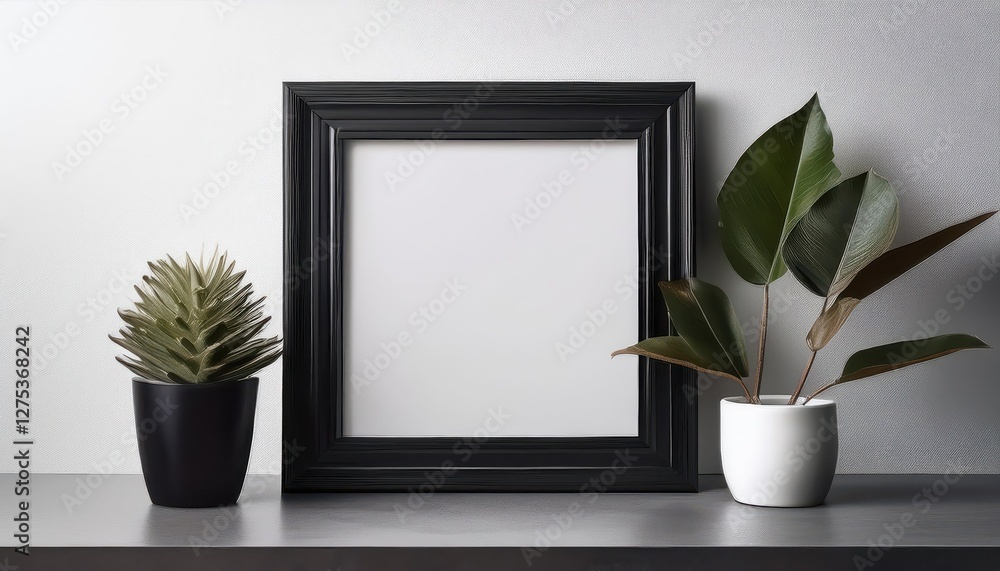 Poster elegant square black frame showcasing minimalist geometric patterns against a backdrop of muted grey