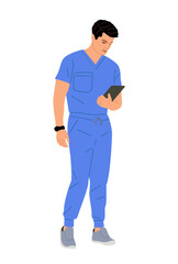 Young Male doctor, nurse, paramedic standing with tablet. Handsome man medic worker in blue uniform scrub. Cartoon vector realistic illustration isolated