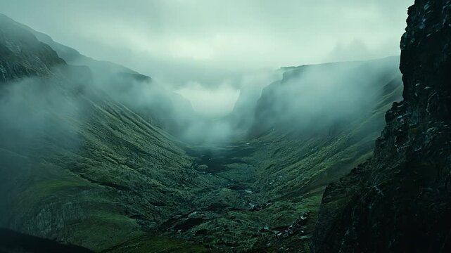 Misty valley shrouded in fog, dramatic cliffs, deep green landscape.