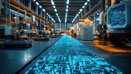 Industrial factory floor with digital circuit path