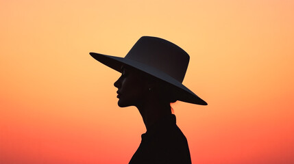 A striking silhouette of a woman wearing a wide-brimmed hat against a vibrant orange sunset sky for fashion and lifestyle imagery