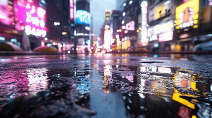 Rainy Night in City, Reflections, Neon Lights, Busy Street, Urban Scene.