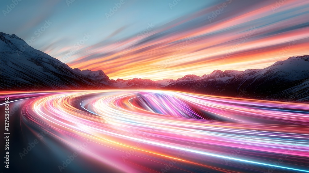 Poster futuristic roadscape with mesmerizing light trails and fluid motion at twilight