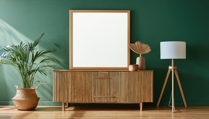Square Blank Frame Mockup in a Modern Living Interior with Slat Sideboard, Brass Desk Lamp, Wicker Lantern, and Artistic Elegance in Monochrome and Textured Hues, Perfect for Digital Art, Home