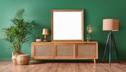 Square Blank Frame Mockup in Modern Interior with Slat Sideboard, Brass Desk Lamp, Wicker Lantern, and IndustrialInspired Elements, Exuding a Sophisticated yet Rustic Vibe.
