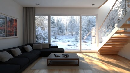 Fototapeta premium Modern living room with snowy forest view.