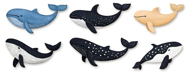 Colorful Cartoon Whales in Different Poses and Styles for Kids