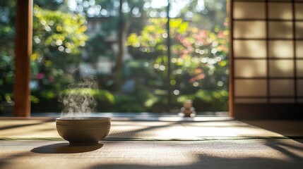 Fototapeta premium Serene Steam: Sunlit Bowl & Garden View