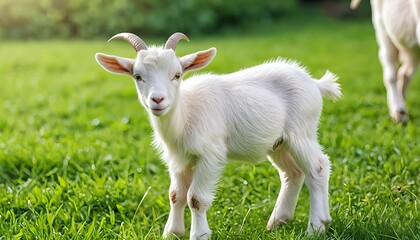 Obraz premium Adorable White Baby Goat in Green Pasture