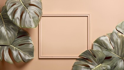Elegant Monstera Plant Framed in a Natural Square Beige Border, Boasting Textured Leaves and Lush Greenery in a Peaceful Botanical Setting.